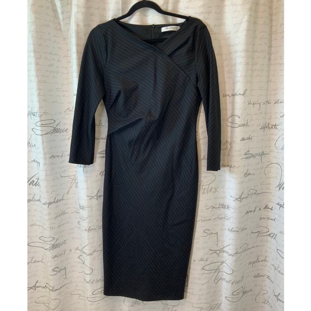 Max Mara Women's Black Pinstripe Twist Neck Sheath Italy Dress 3/4 Sleeve 4 - Picture 2 of 4